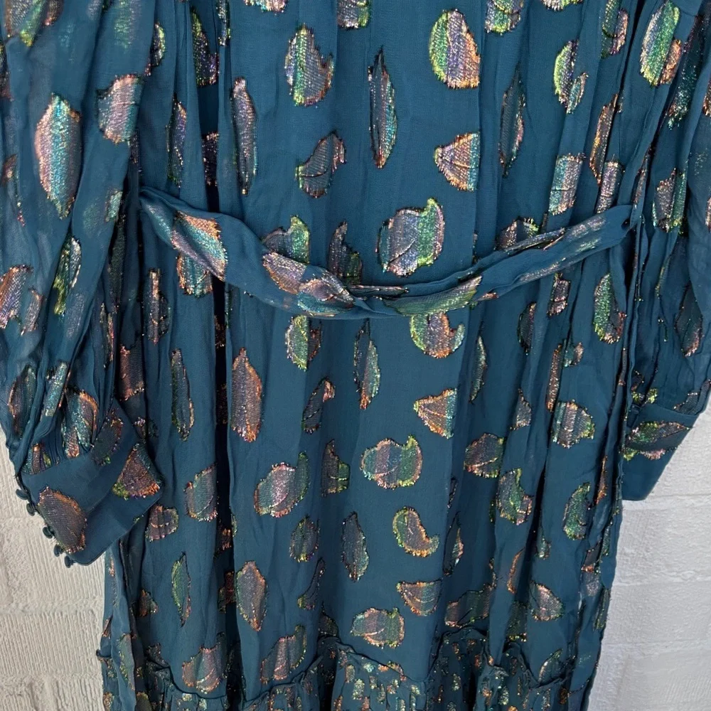 Ciebon Metallic Leaf Belted Teal Long Sleeve Maxi Dress sz S